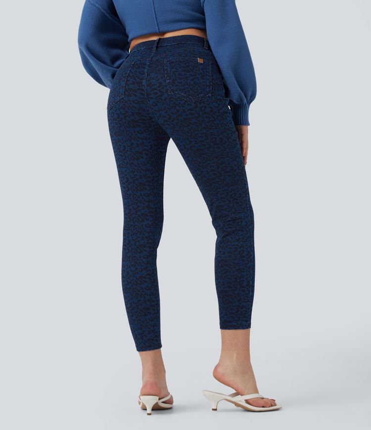 Halara Flex™ Leoparden-Print High-Waist Casual Skinny 7/8 Jeans mit Taschen