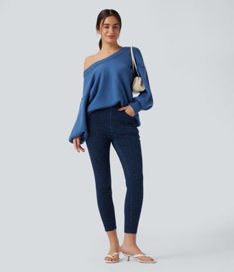 Halara Flex™ Leoparden-Print High-Waist Casual Skinny 7/8 Jeans mit Taschen