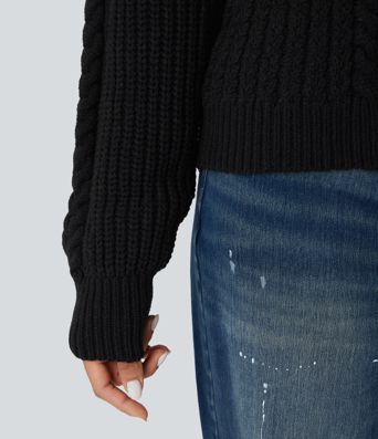 Round Neck Raglan Long Sleeve Relaxed Cable Knit Casual Sweater