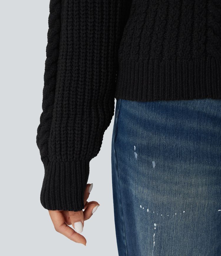 Round Neck Raglan Long Sleeve Relaxed Cable Knit Casual Sweater