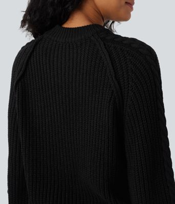 Round Neck Raglan Long Sleeve Relaxed Cable Knit Casual Sweater