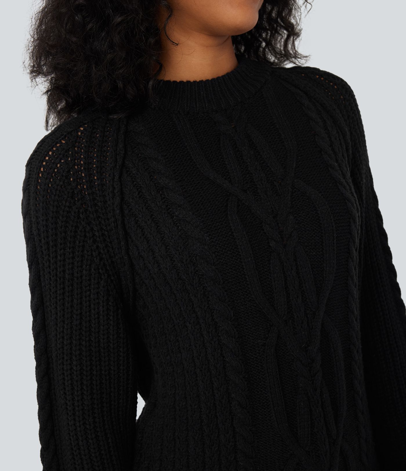 Round Neck Raglan Long Sleeve Relaxed Cable Knit Casual Sweater