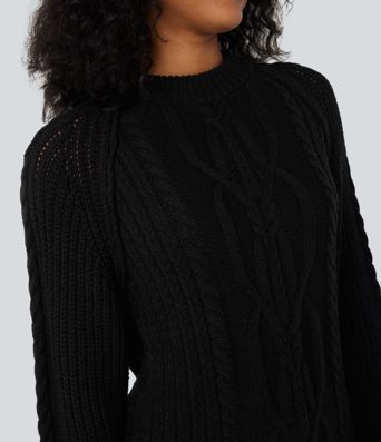 Round Neck Raglan Long Sleeve Relaxed Cable Knit Casual Sweater