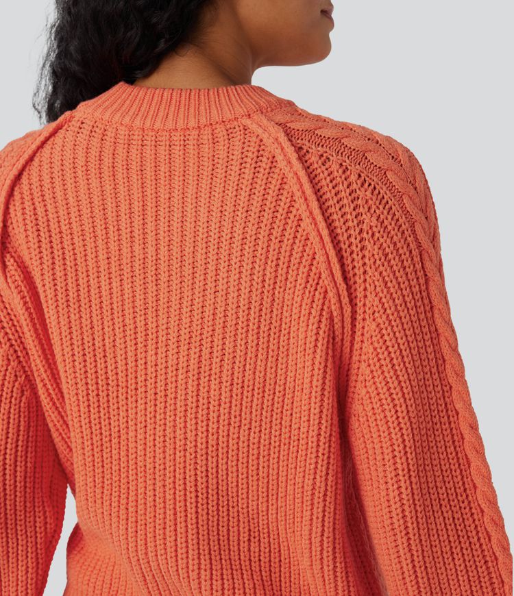 Round Neck Raglan Long Sleeve Relaxed Cable Knit Casual Sweater