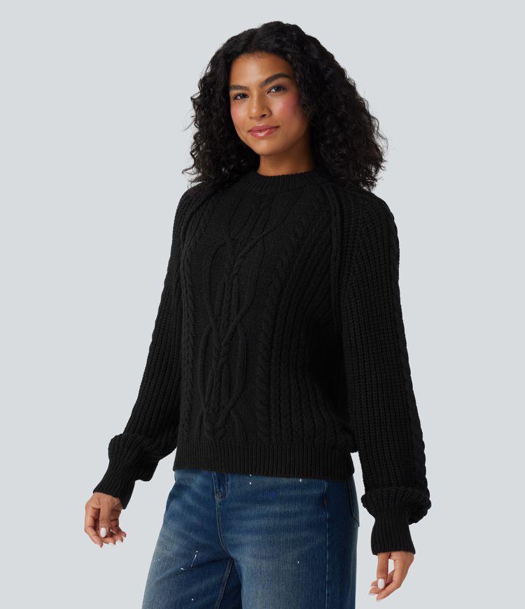 Round Neck Raglan Long Sleeve Relaxed Cable Knit Casual Sweater