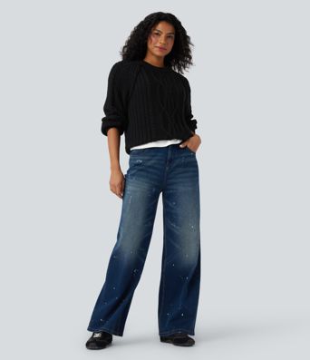 Round Neck Raglan Long Sleeve Relaxed Cable Knit Casual Sweater