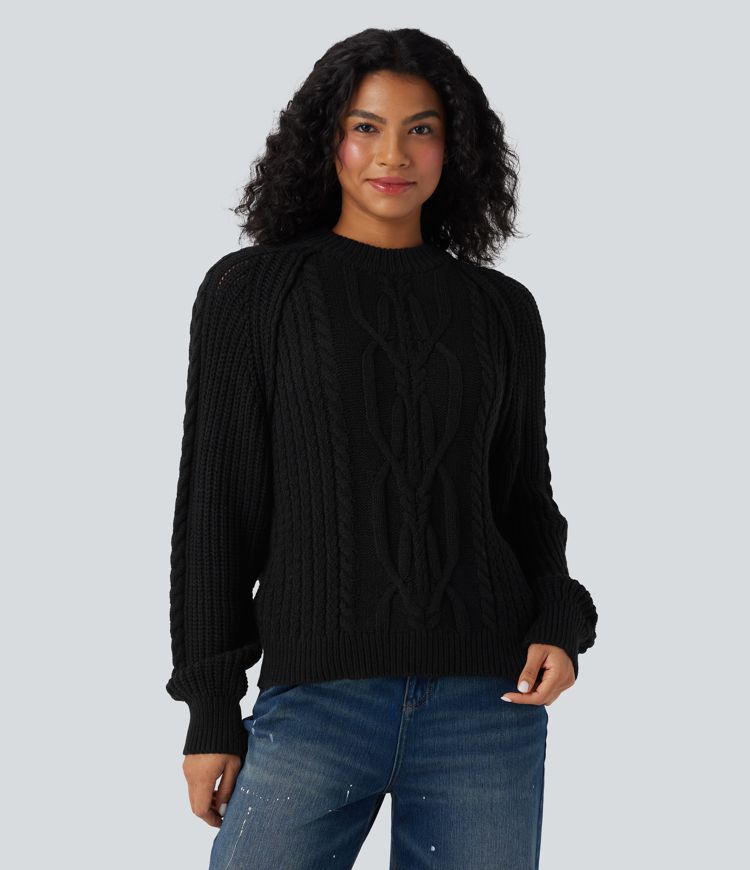 Round Neck Raglan Long Sleeve Relaxed Cable Knit Casual Sweater