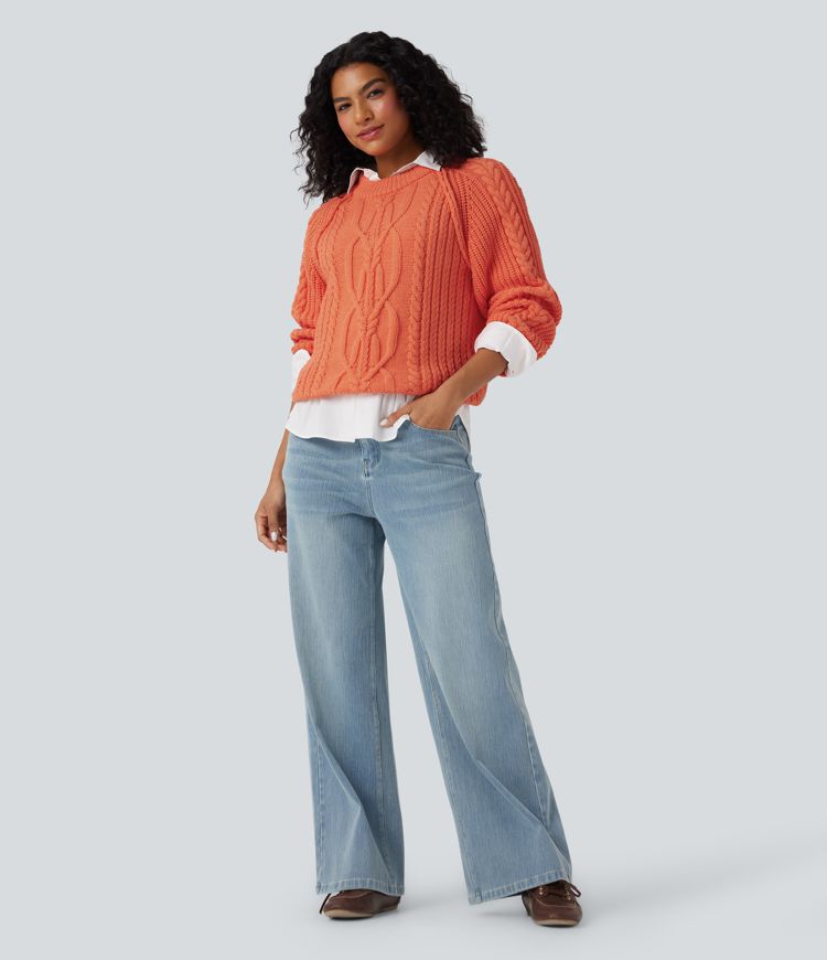 Round Neck Raglan Long Sleeve Relaxed Cable Knit Casual Sweater