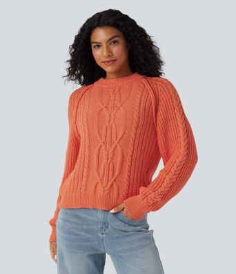 Pull ample torsade à col rond et manches longues raglan