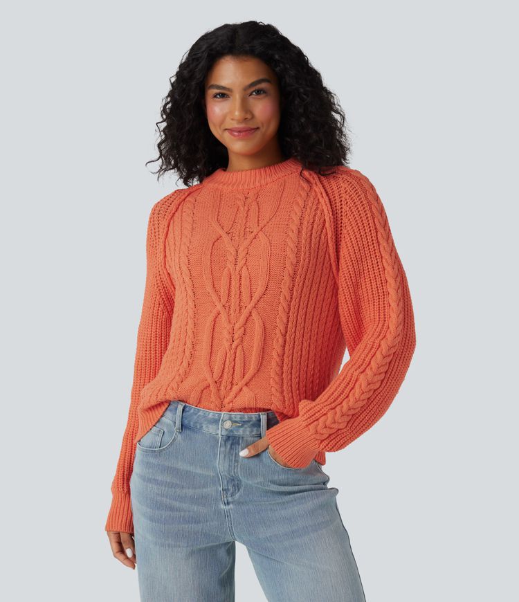 Round Neck Raglan Long Sleeve Relaxed Cable Knit Casual Sweater