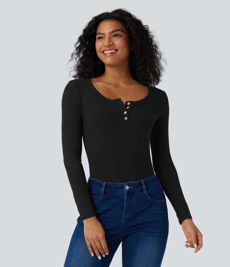 Haut décontracté ajusté maille côtelée henley manches longues