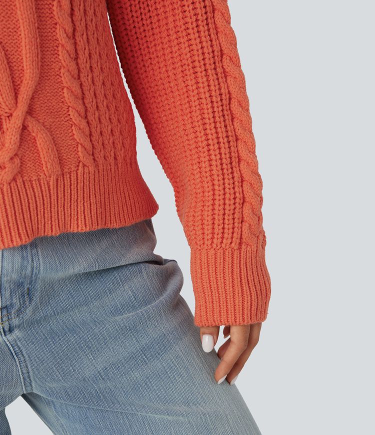 Round Neck Raglan Long Sleeve Relaxed Cable Knit Casual Sweater