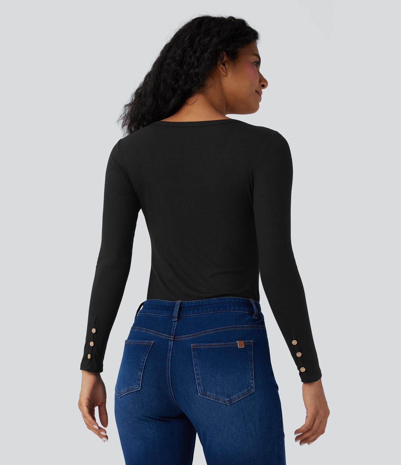 Haut décontracté ajusté maille côtelée henley manches longues