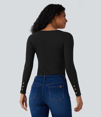 Haut décontracté ajusté maille côtelée henley manches longues