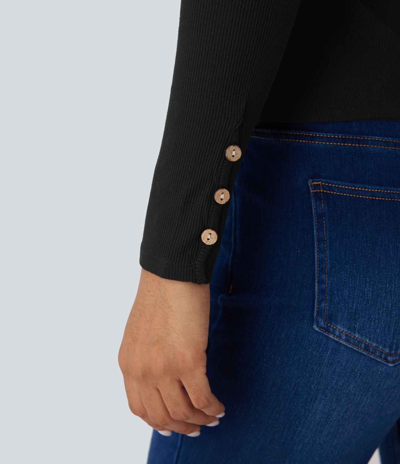 Haut décontracté ajusté maille côtelée henley manches longues