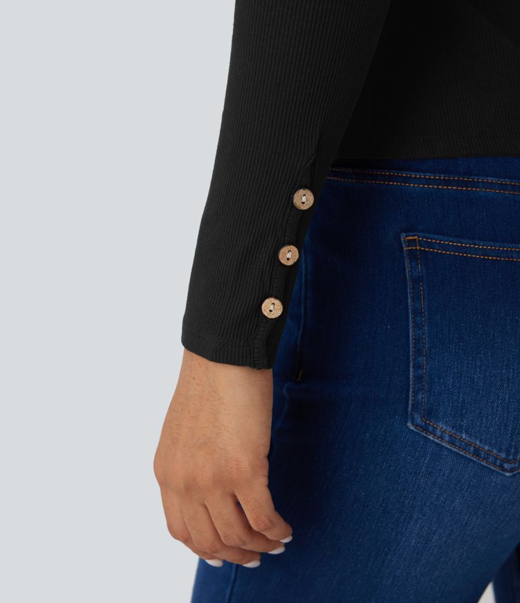 Haut décontracté ajusté maille côtelée henley manches longues