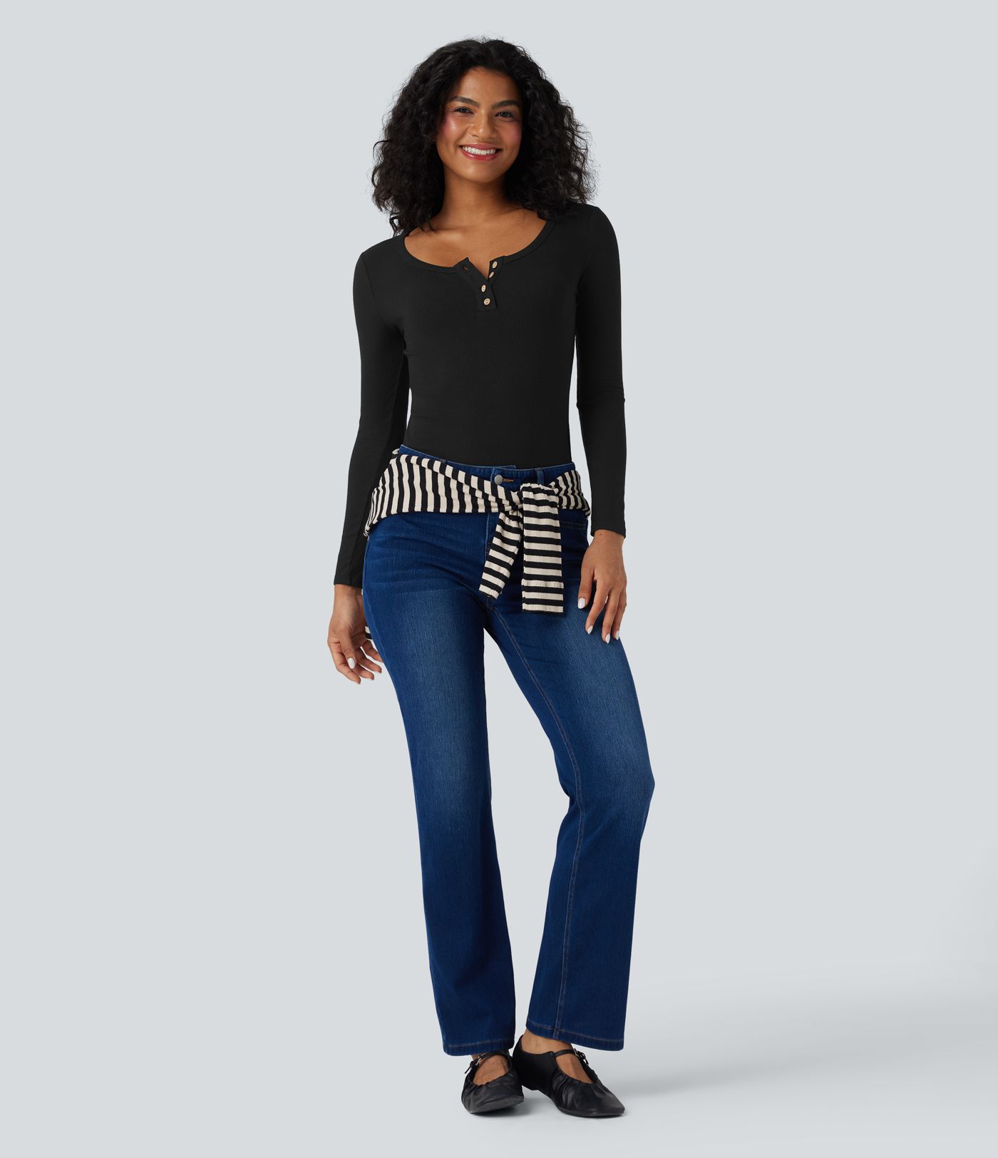 Haut décontracté ajusté maille côtelée henley manches longues