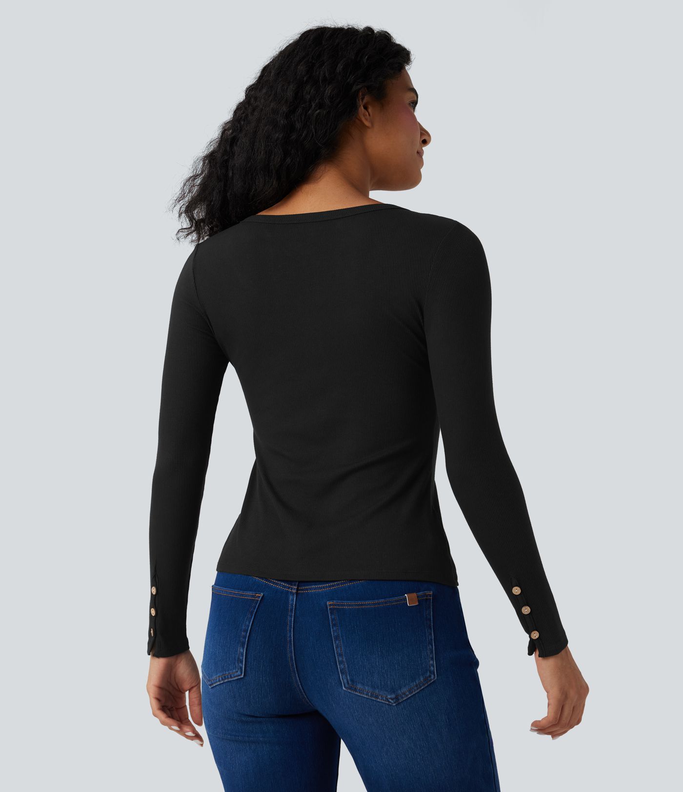 Haut décontracté ajusté maille côtelée henley manches longues