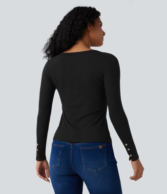 Haut décontracté ajusté maille côtelée henley manches longues