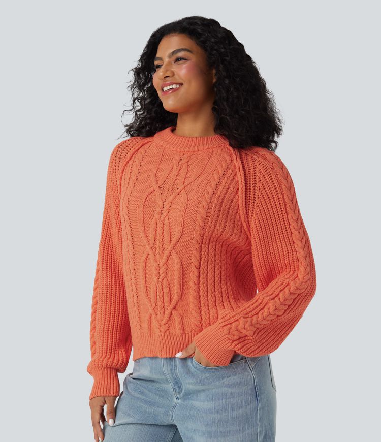 Round Neck Raglan Long Sleeve Relaxed Cable Knit Casual Sweater