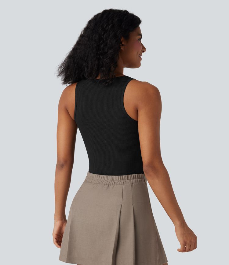 Ribbed Knit Notched Casual Tank Top