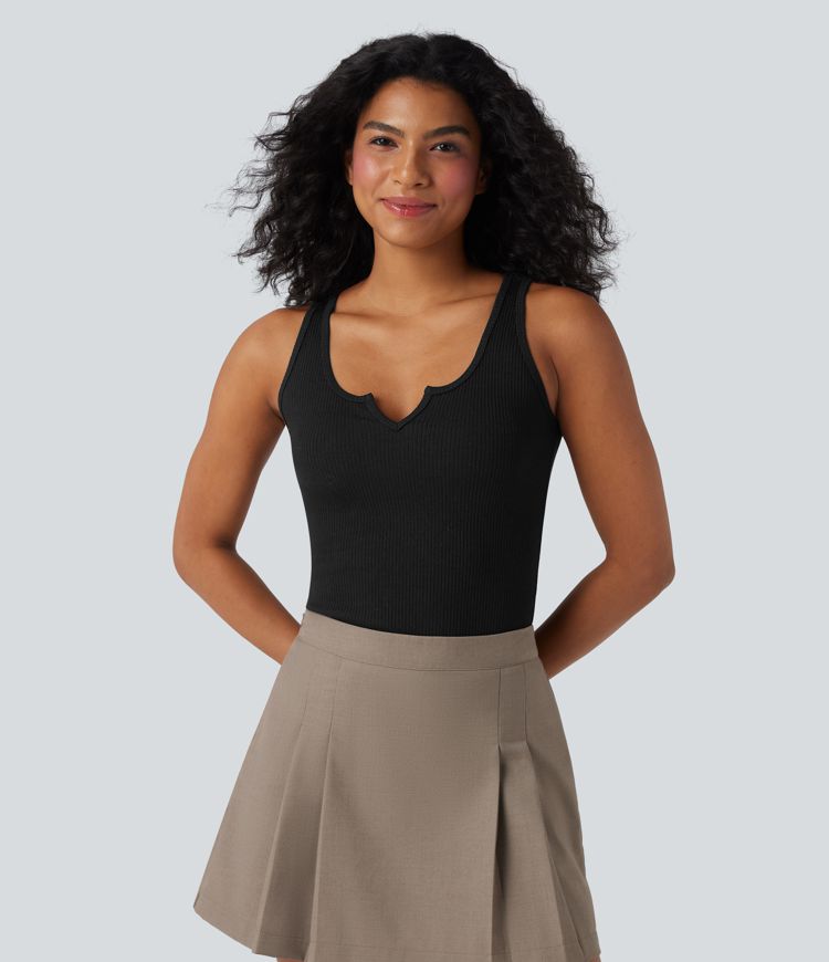 Ribbed Knit Notched Casual Tank Top
