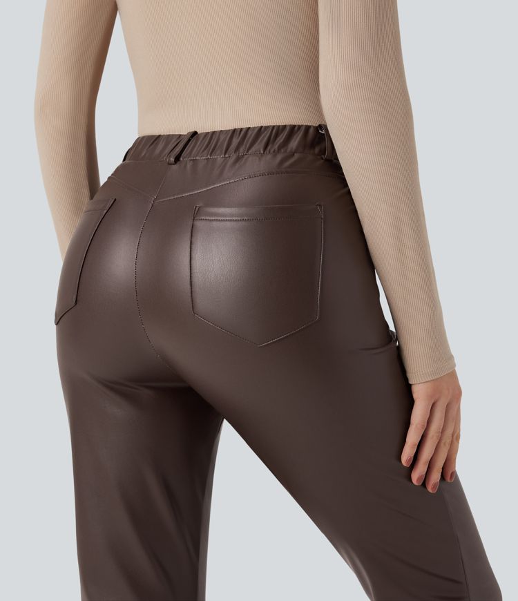 Pantalones casuales ajustados de tiro medio elásticos de PU con polar en largo 7/8 y con bolsillos