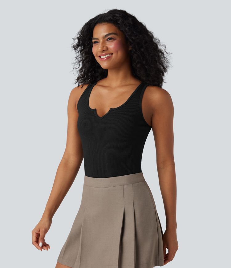 Ribbed Knit Notched Casual Tank Top