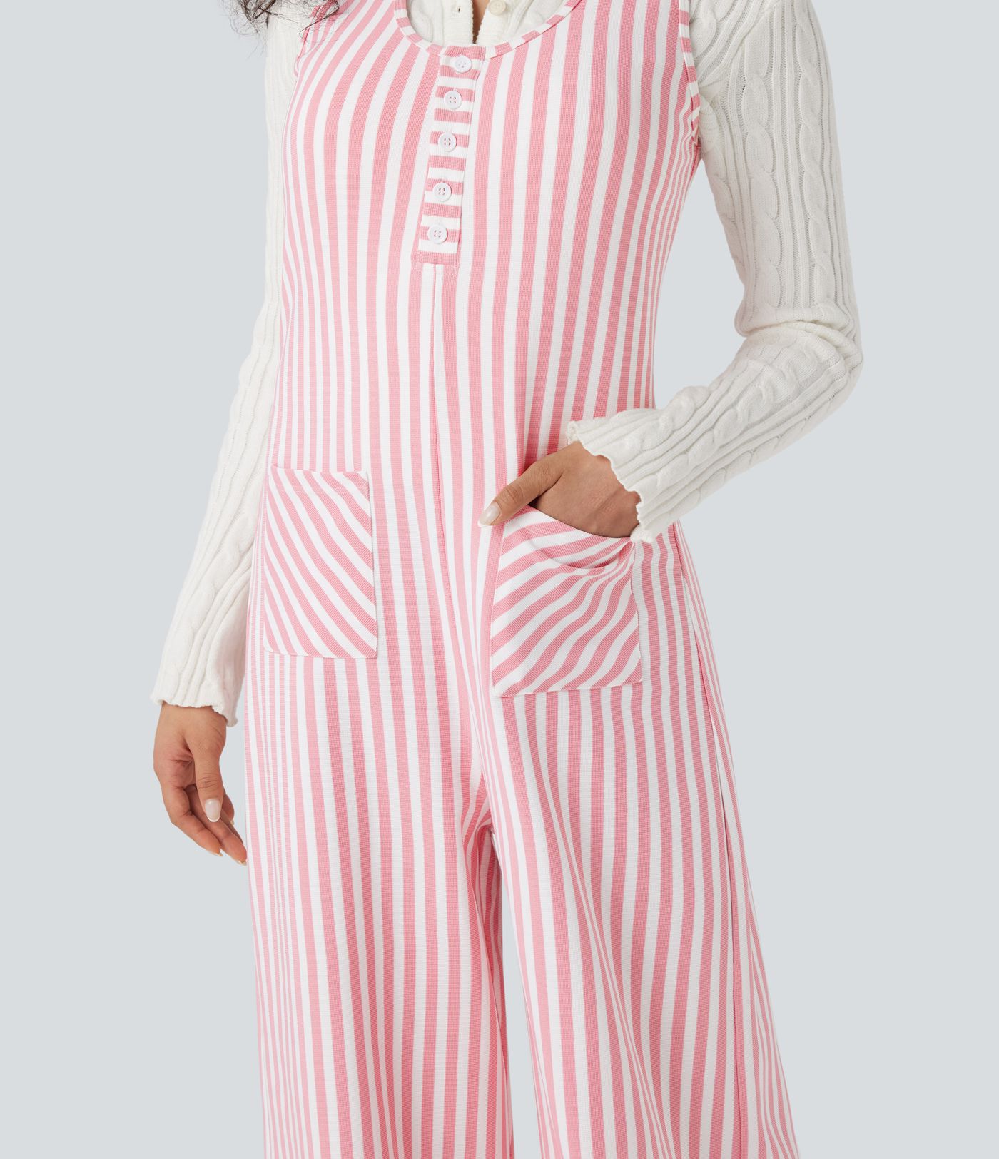 Lässige, ärmellose Latzhose mit U-Ausschnitt, Seitentaschen, Streifen und Waffelstruktur