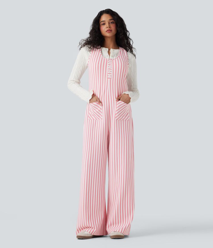 U-Neck Sleeveless Stripe Waffle Casual Jumpsuit with Pockets