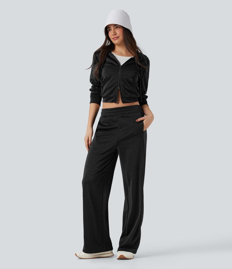 High Waisted Straight Leg Sparkle Casual Pants with Pockets