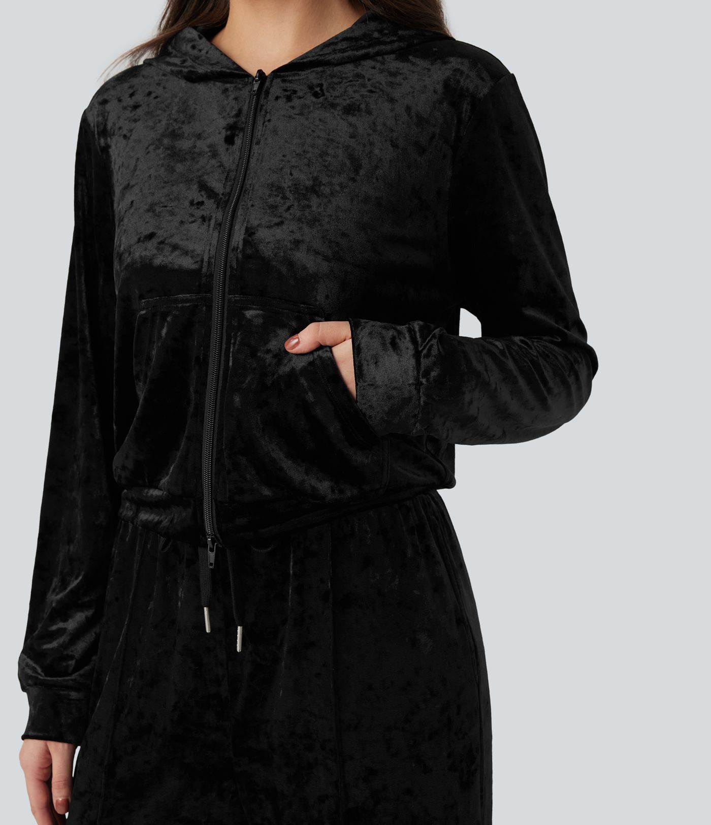 Velvet Hooded Zip Fly Long Sleeve Casual Sweatshirt with Pockets