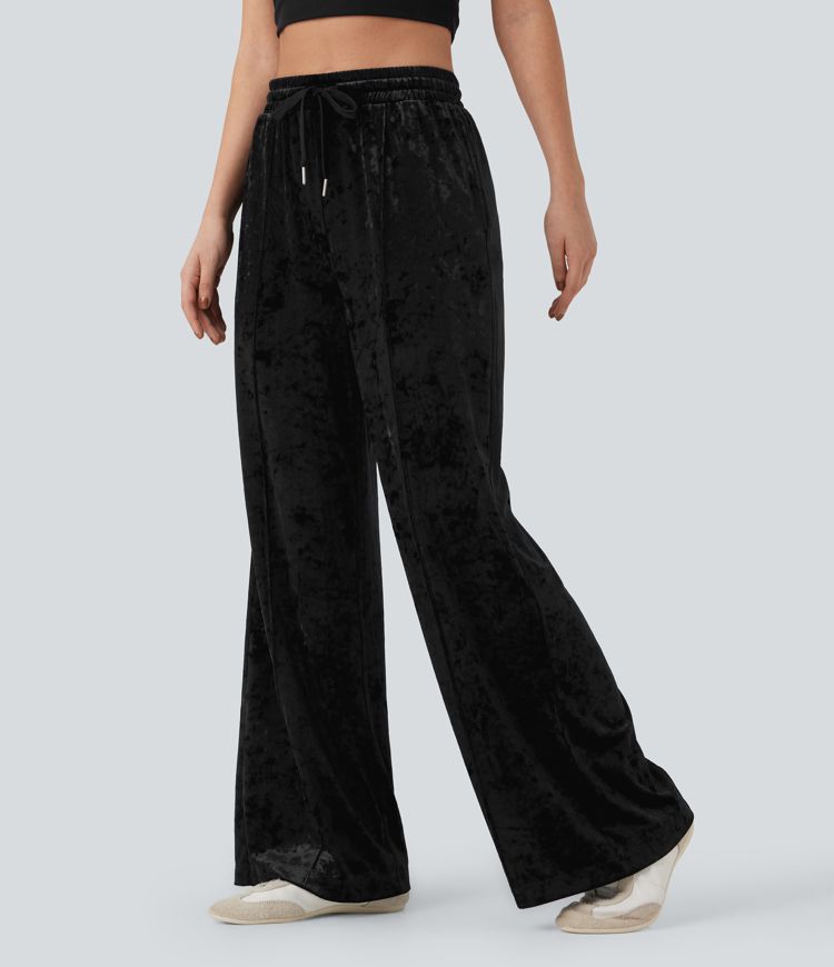 Mid Rise Drawstring Velvet Wide Leg Casual Pants with Pockets
