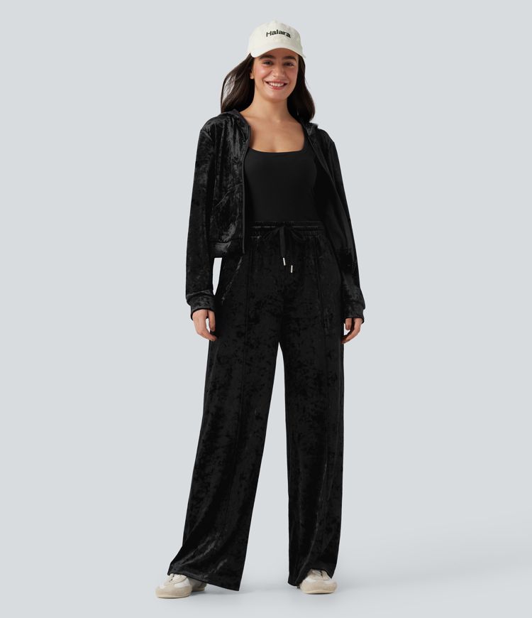 Mid Rise Drawstring Velvet Wide Leg Casual Pants with Pockets