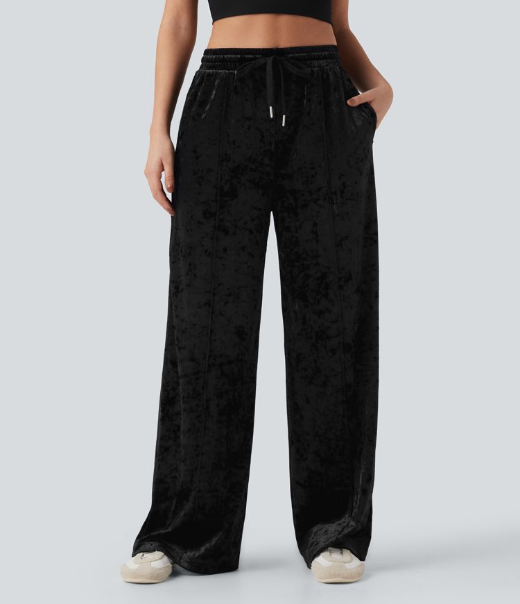 Mid Rise Drawstring Velvet Wide Leg Casual Pants with Pockets