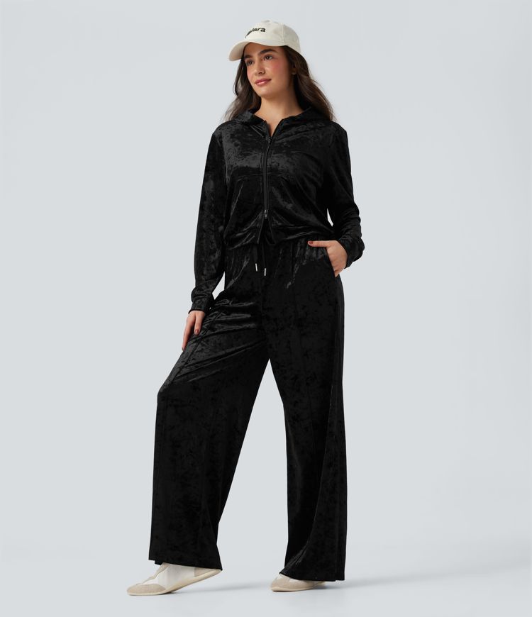 Velvet Hooded Zip Fly Long Sleeve Casual Sweatshirt with Pockets