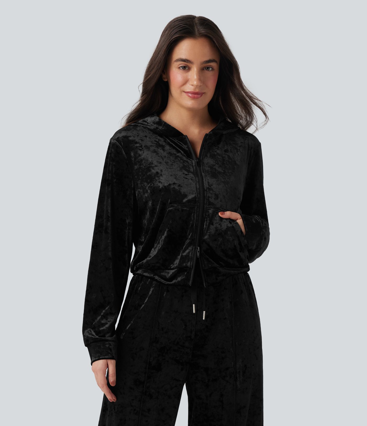 Velvet Hooded Zip Fly Long Sleeve Casual Sweatshirt with Pockets