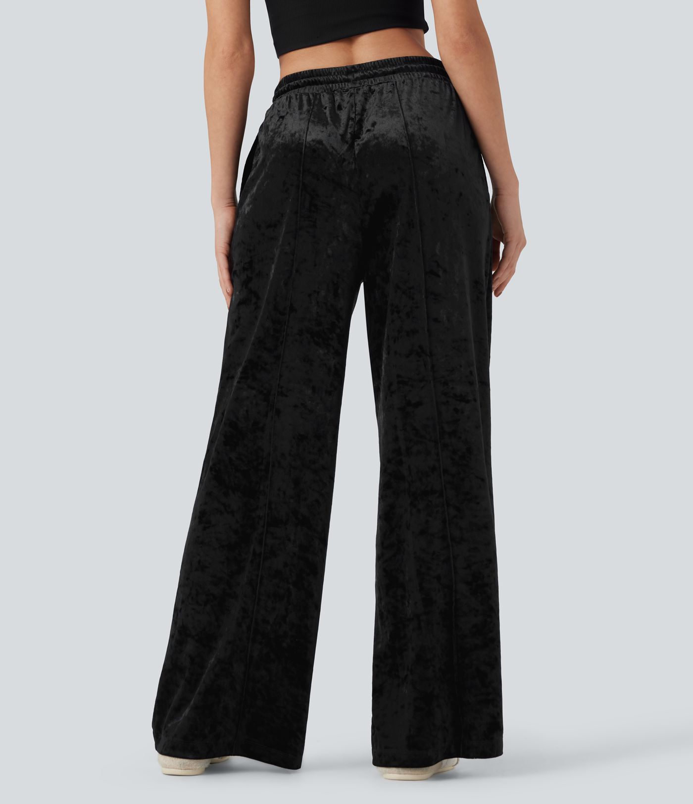 Mid Rise Drawstring Velvet Wide Leg Casual Pants with Pockets