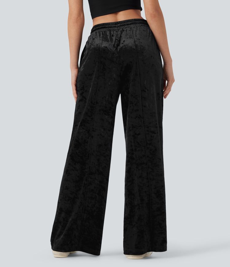 Mid Rise Drawstring Velvet Wide Leg Casual Pants with Pockets