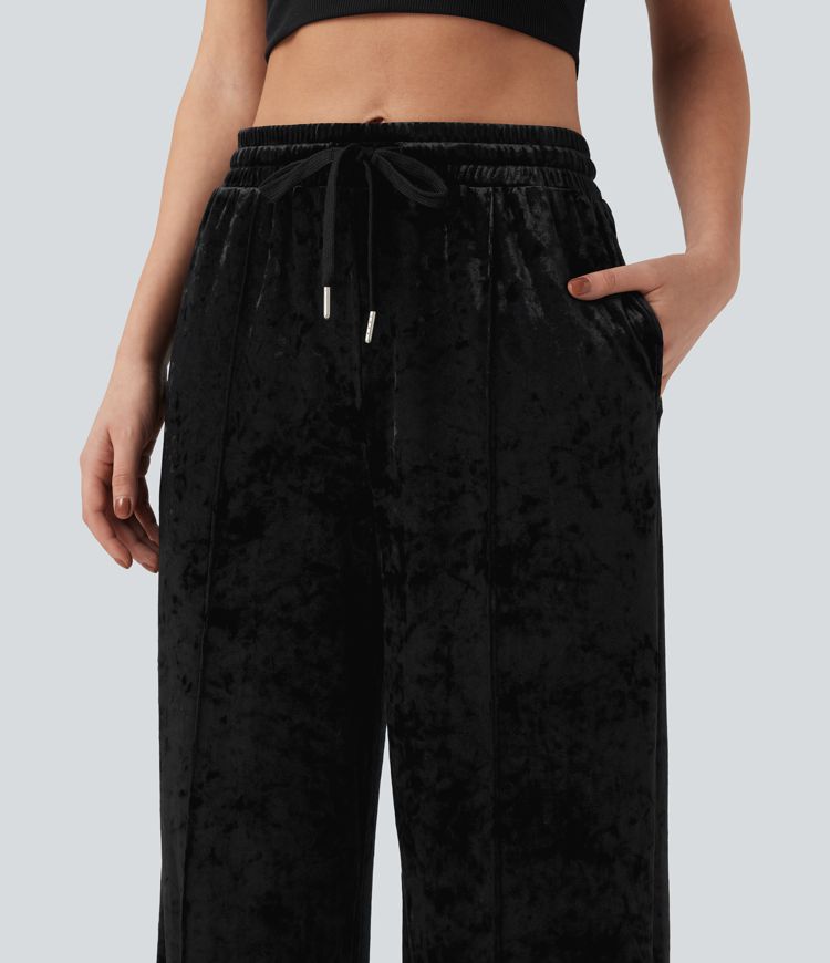 Mid Rise Drawstring Velvet Wide Leg Casual Pants with Pockets