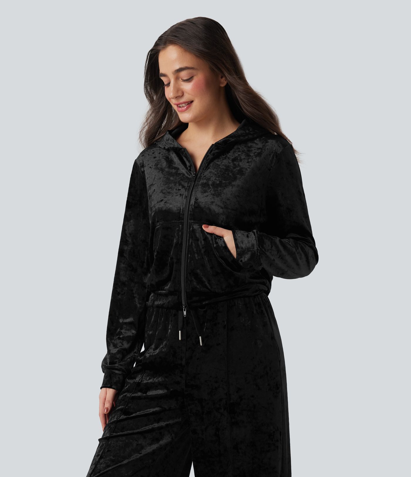 Velvet Hooded Zip Fly Long Sleeve Casual Sweatshirt with Pockets