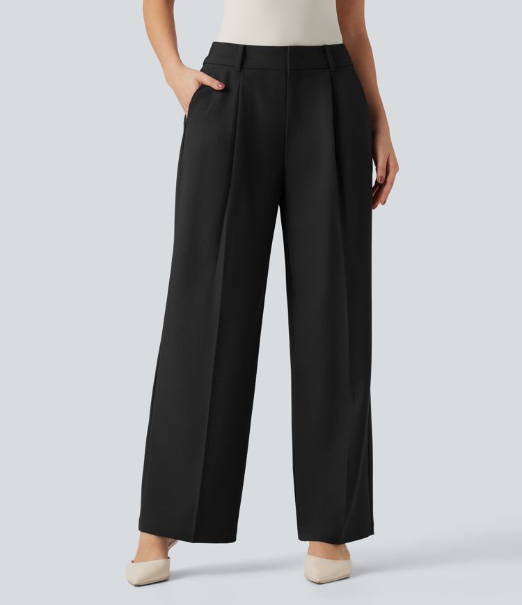 High Waisted Straight Leg Work Linen Pants with Pockets