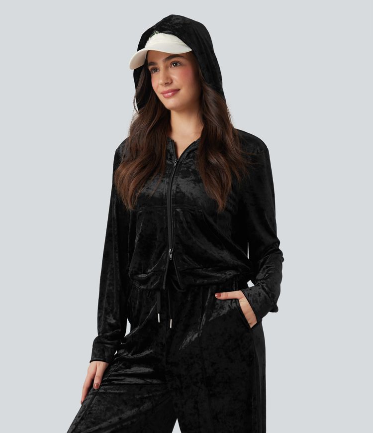 Velvet Hooded Zip Fly Long Sleeve Casual Sweatshirt with Pockets