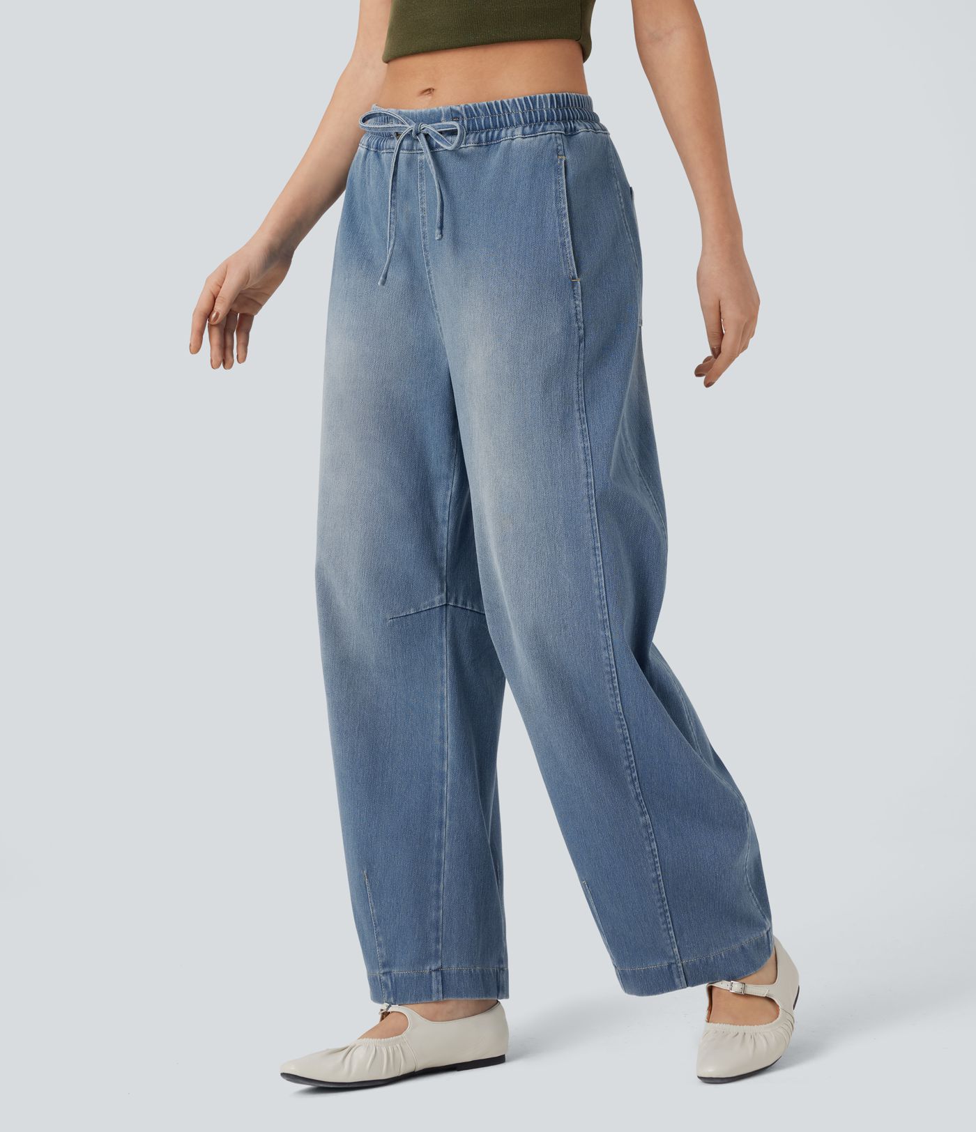 Jean jogging baggy Halara Flex™ molleton français délavé jambe ballon taille mi-haute avec cordon de serrage et poches