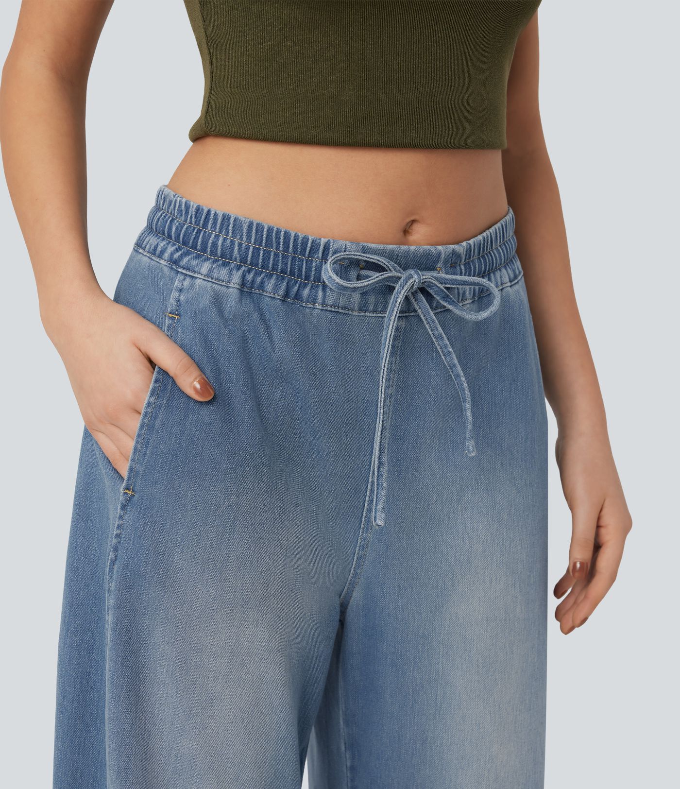 Jean jogging baggy Halara Flex™ molleton français délavé jambe ballon taille mi-haute avec cordon de serrage et poches