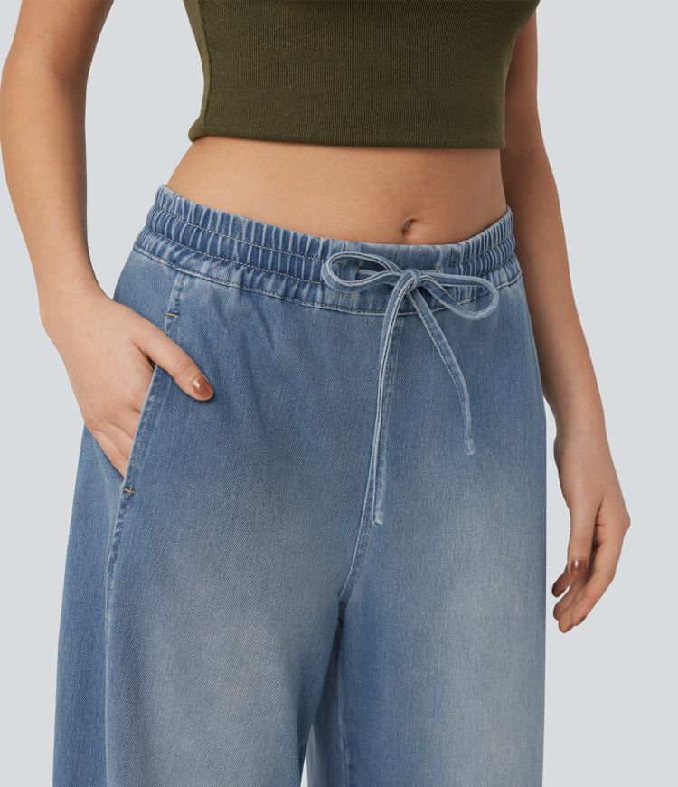 Jean jogging baggy Halara Flex™ molleton français délavé jambe ballon taille mi-haute avec cordon de serrage et poches