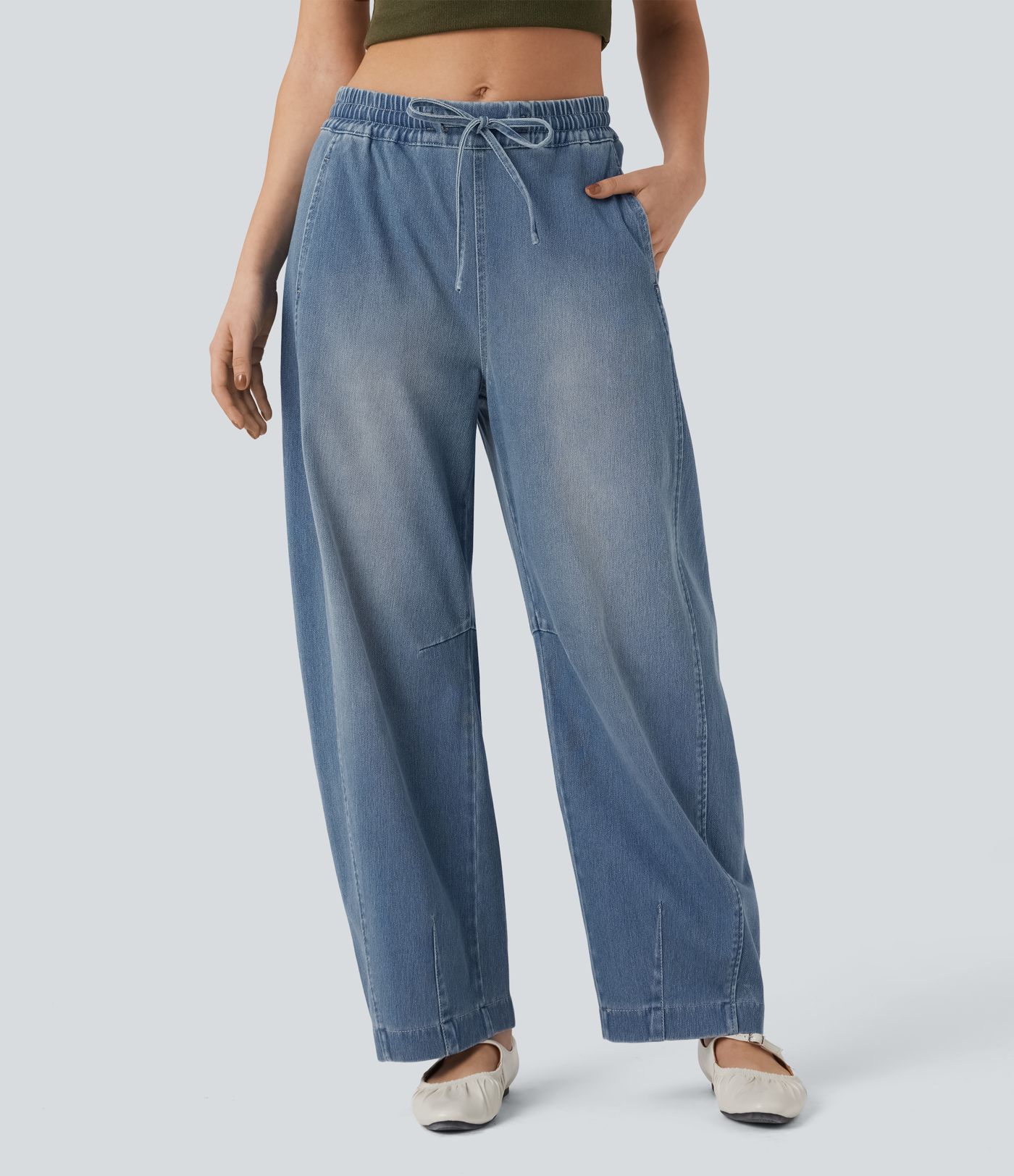 Jean jogging baggy Halara Flex™ molleton français délavé jambe ballon taille mi-haute avec cordon de serrage et poches