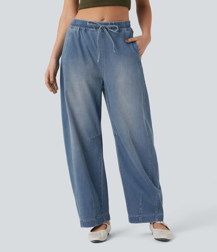 Halara Flex™ Mid Rise Drawstring Barrel Leg Washed Casual Jeans with Pockets