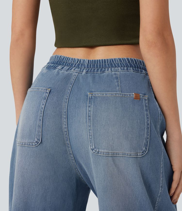 Jean jogging baggy Halara Flex™ molleton français délavé jambe ballon taille mi-haute avec cordon de serrage et poches