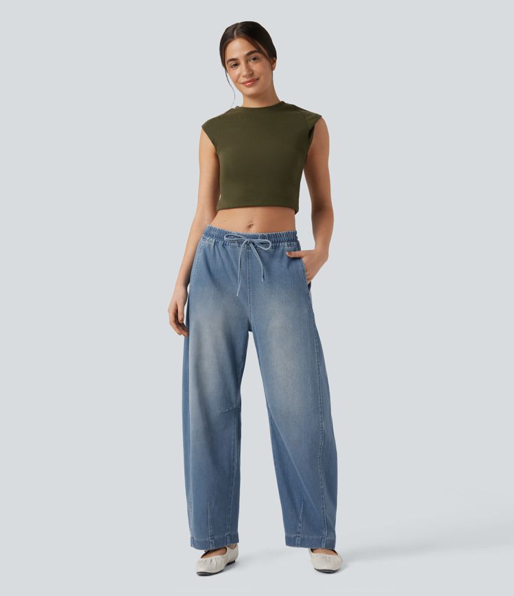 Jean jogging baggy Halara Flex™ molleton français délavé jambe ballon taille mi-haute avec cordon de serrage et poches